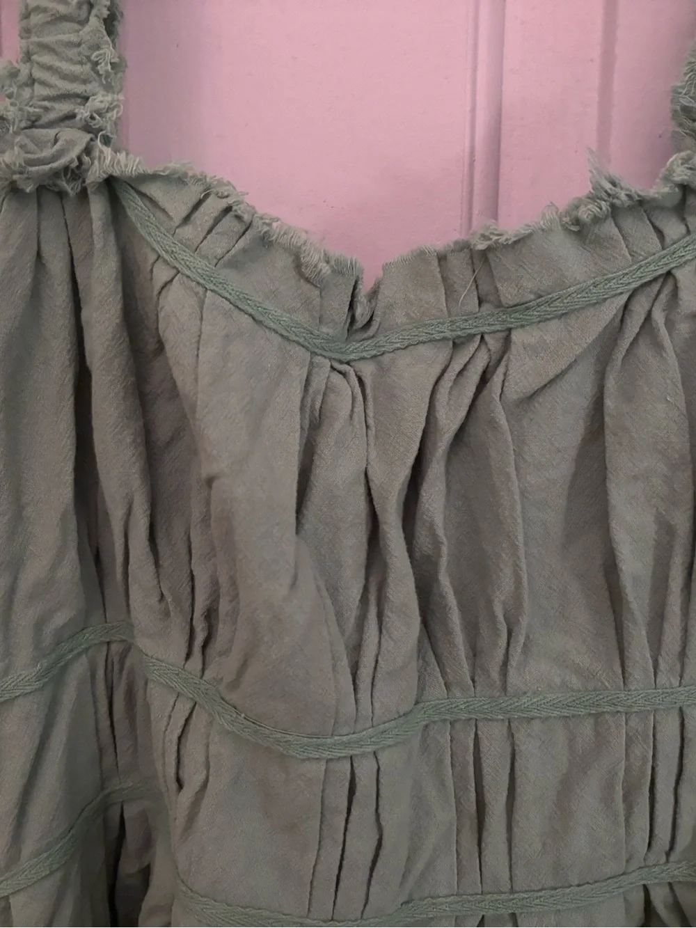 Free People Sage Green Ruffled Strap Mini Cotton Sundress sz XL pockets buttons - Picture 8 of 8